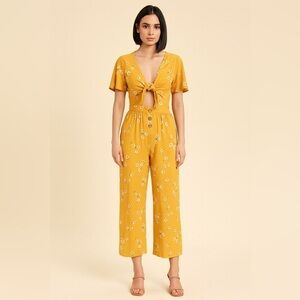 Mimi Chica Mustard Floral Tie-Front Jumpsuit – Size XS